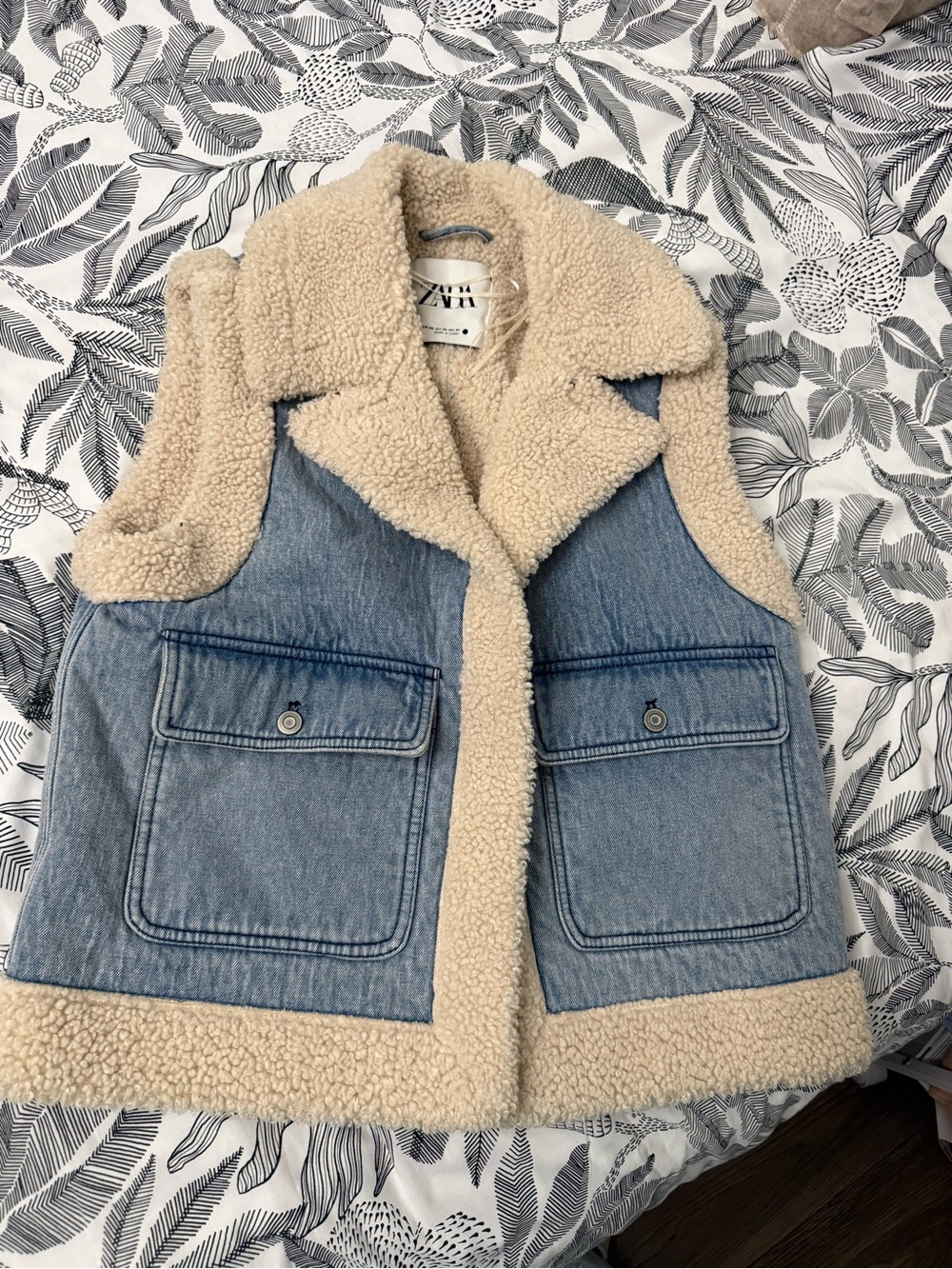 Zara Kids Cream Sherpa-Trim Light Blue Denim Vest